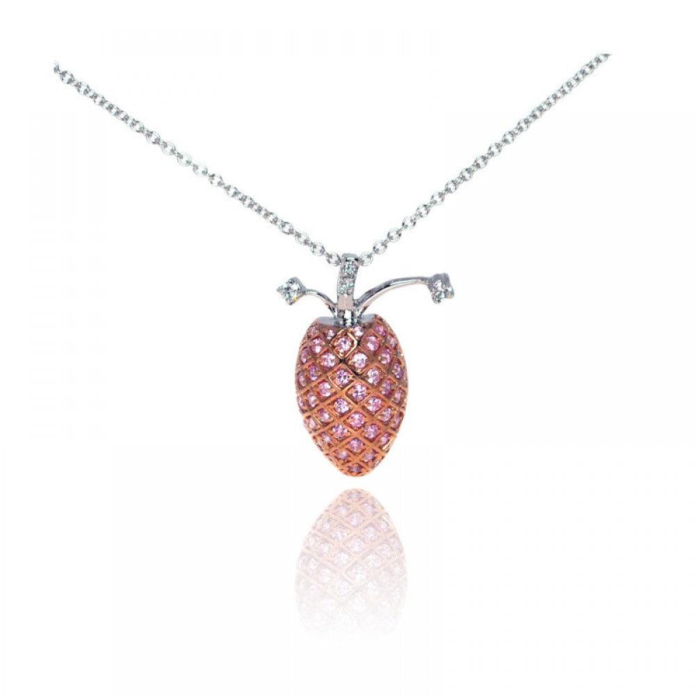 Closeout-Silver 925 Pink CZ Rose Gold and Rhodium Plated Pineapple Pendant Necklace - BGP00037PNK