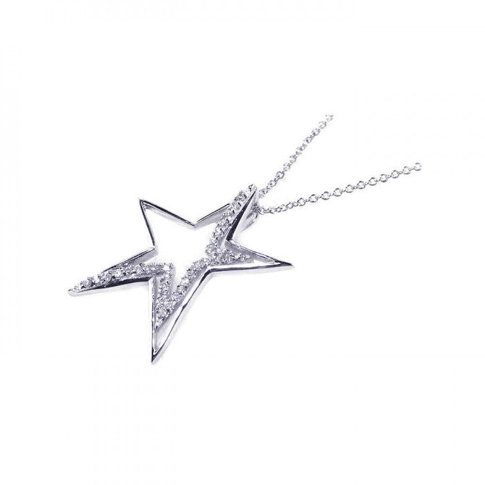 Silver 925 Clear CZ Rhodium Plated Star Pendant Necklace - BGP00042