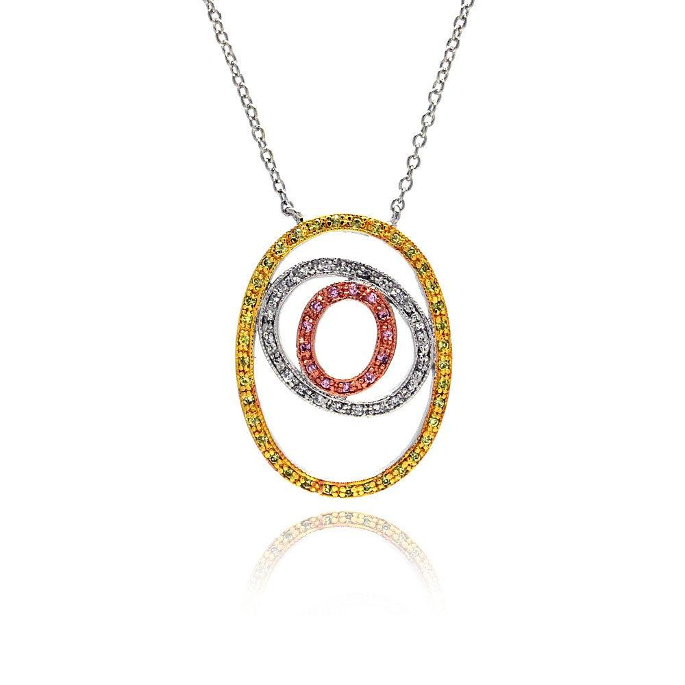 Silver 925 Rhodium Plated Open Double Circle Multi-color CZ Necklace - BGP00043