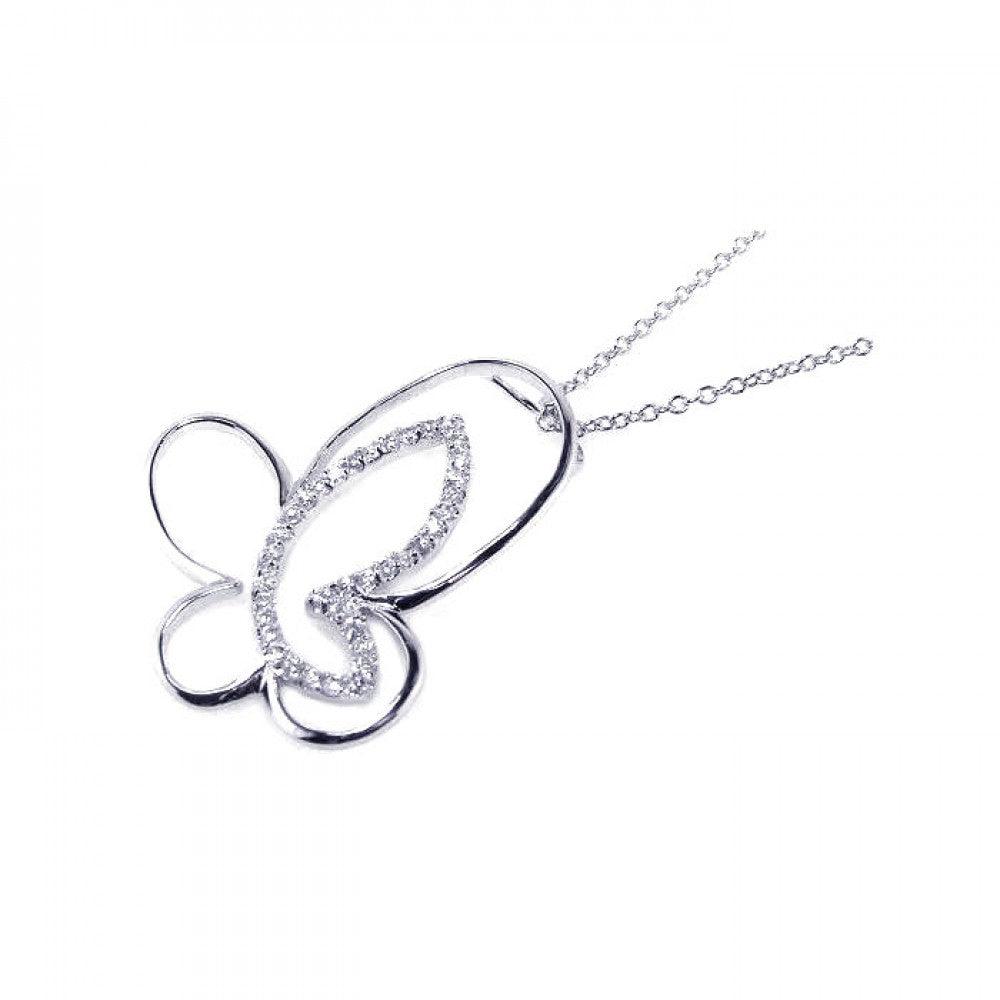 Silver 925 Clear CZ Rhodium Plated Butterfly Pendant Necklace - BGP00044