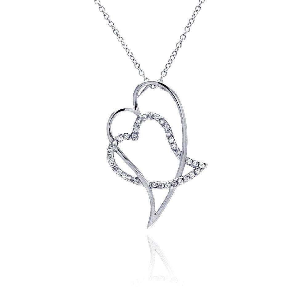 Closeout-Silver 925 Clear CZ Rhodium Plated Double Heart Pendant Necklace - BGP00047