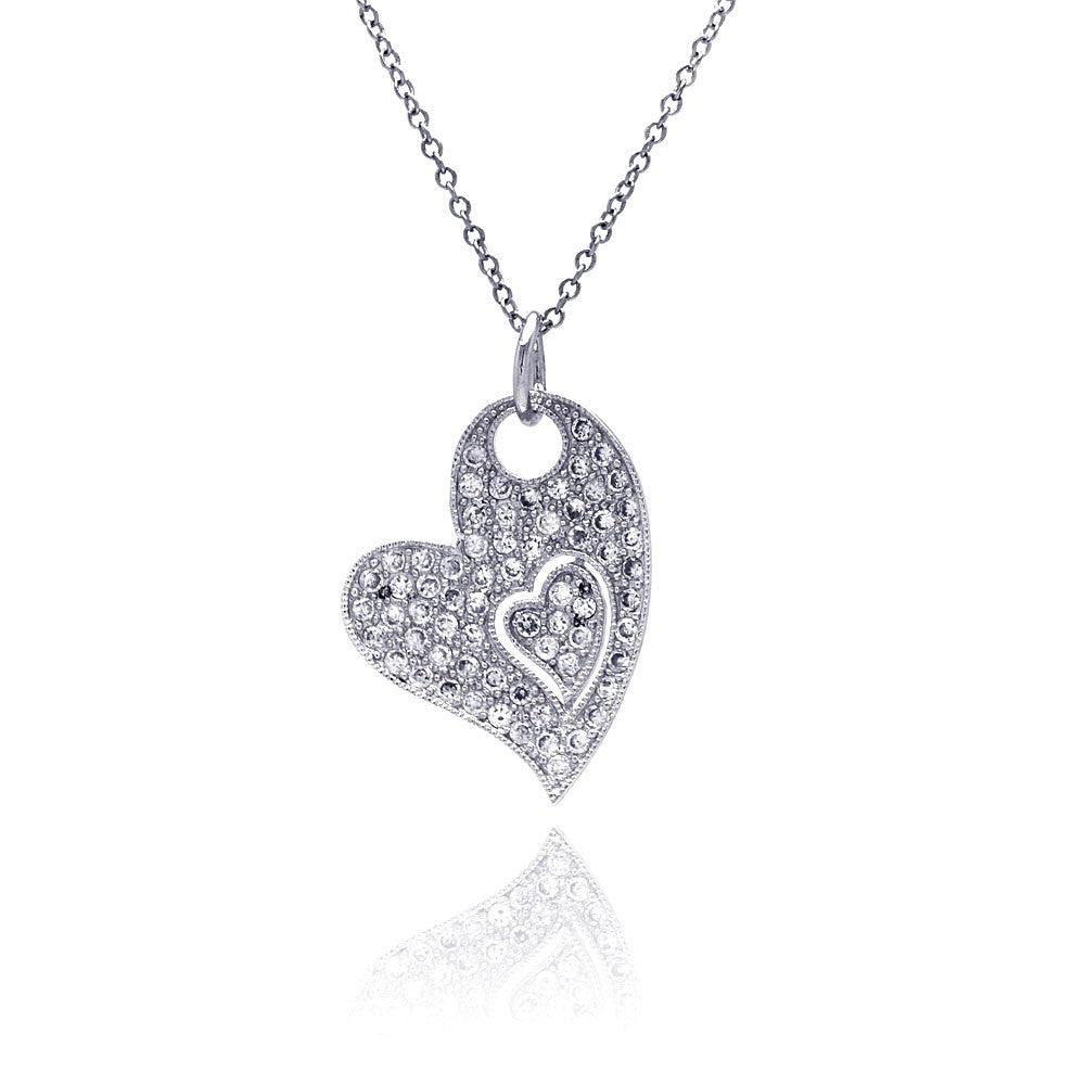 Silver 925 Clear CZ Rhodium Plated Heart Pendant Necklace - BGP00048