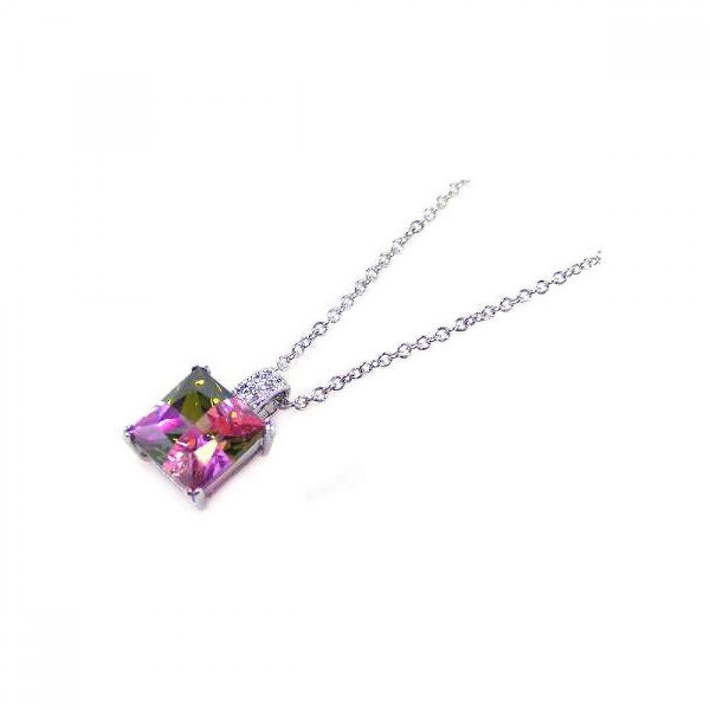 Closeout-Silver 925 Multi Color CZ Rhodium Plated Square Stone Pendant Necklace - BGP00051