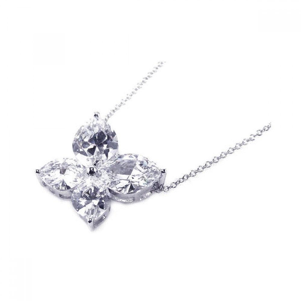 Closeout-Silver 925 Clear CZ Rhodium Plated Butterfly Pendant Necklace - BGP00054