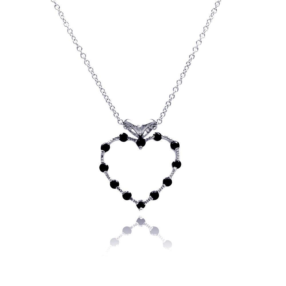 Silver 925 Black CZ Rhodium Plated Heart Pendant Necklace - BGP00055