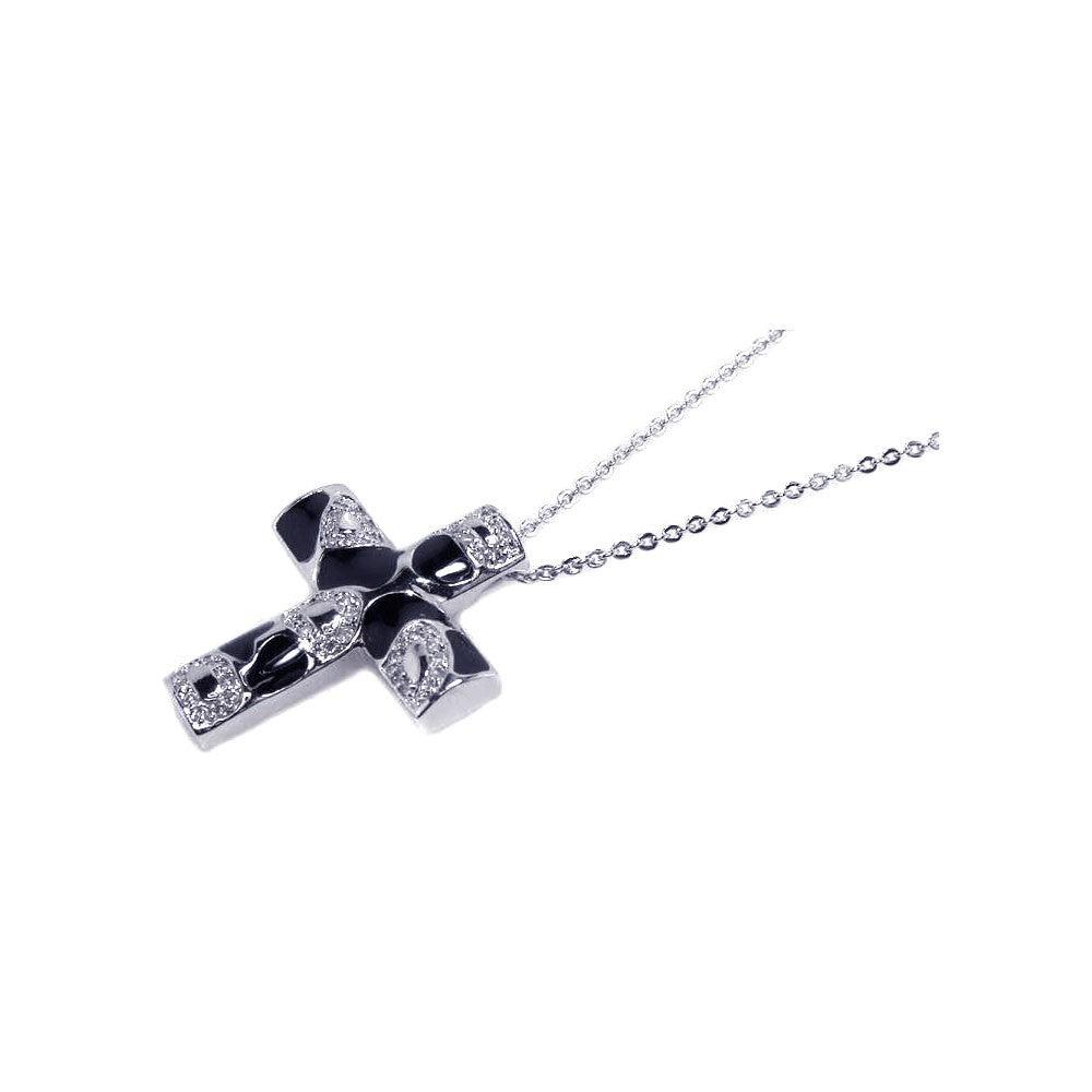 Closeout-Silver 925 Clear CZ Black Enamel Rhodium Plated Cross Pendant Necklace - BGP00057