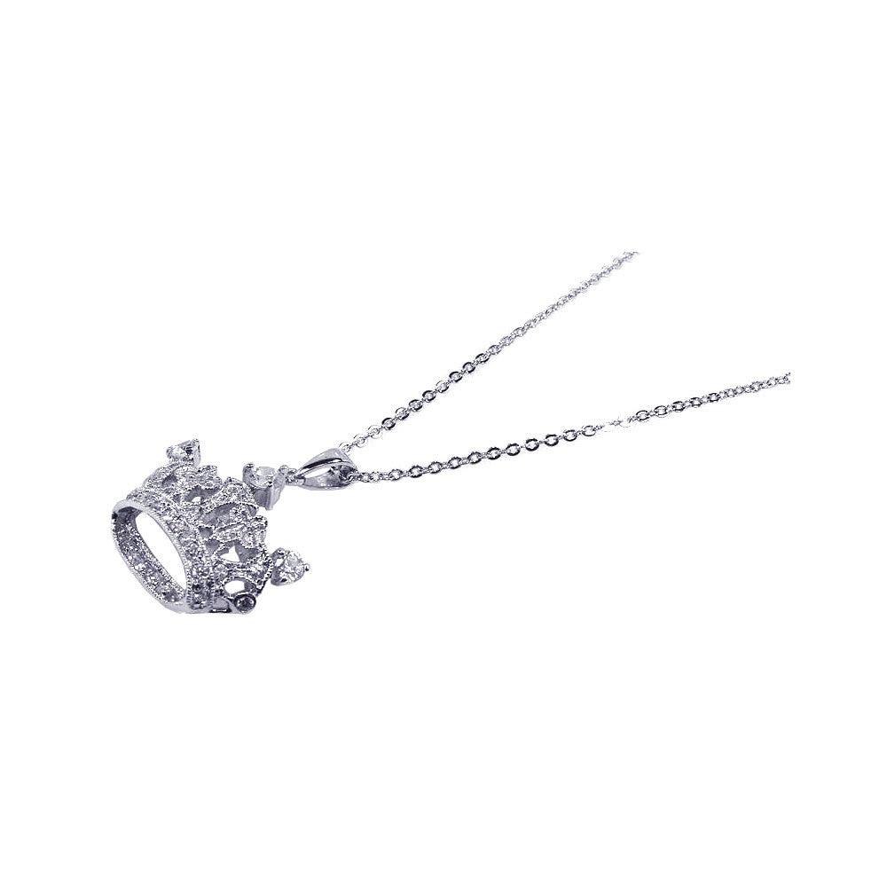 Silver 925 Clear CZ Rhodium Plated Crown Pendant Necklace - BGP00058