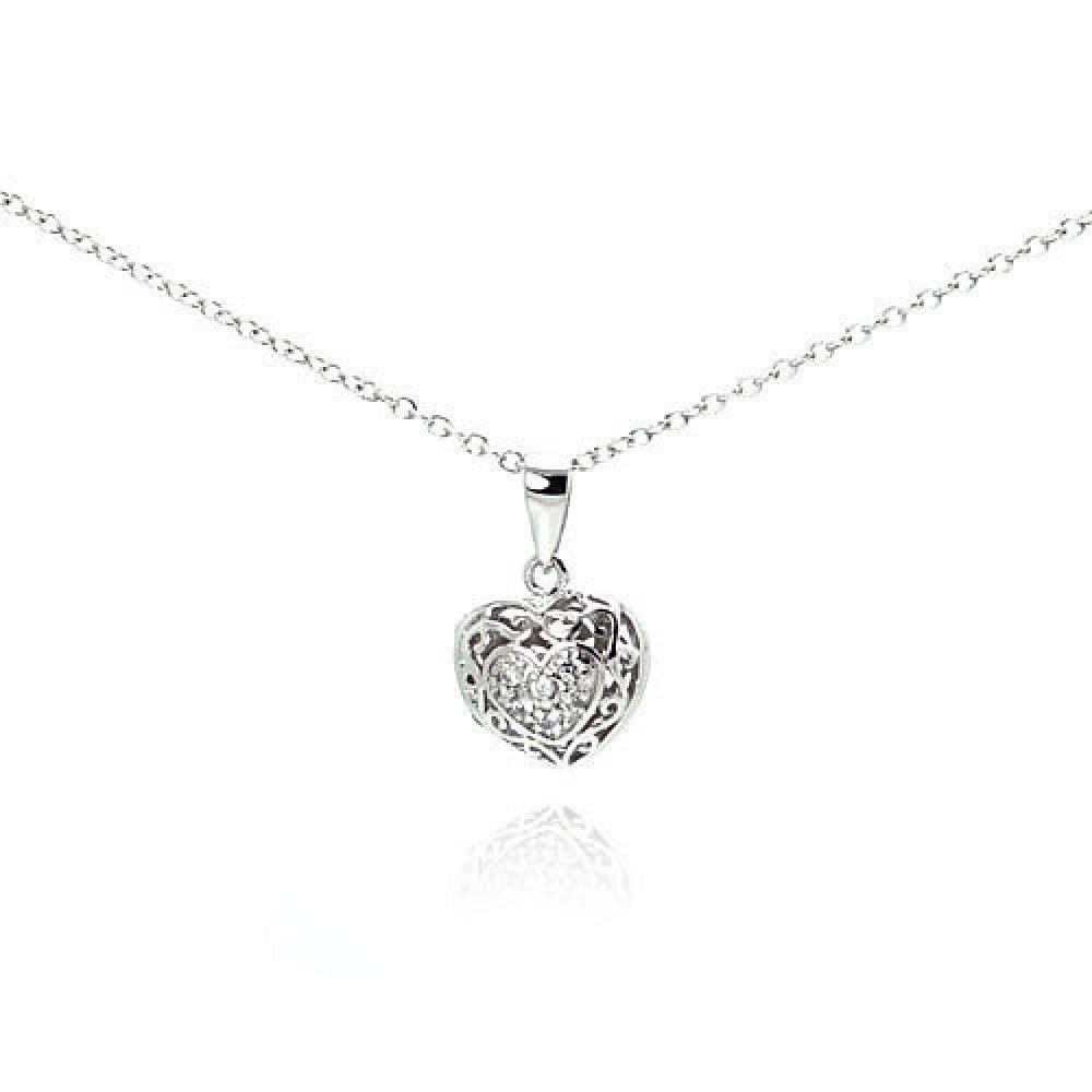 Silver 925 Clear CZ Rhodium Plated Heart Locket Pendant Necklace - BGP00061