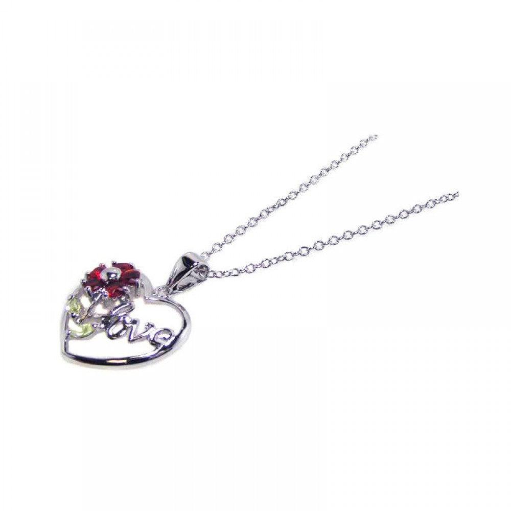 Silver 925 Red CZ Rhodium Plated Love Heart Pendant Necklace - BGP00062