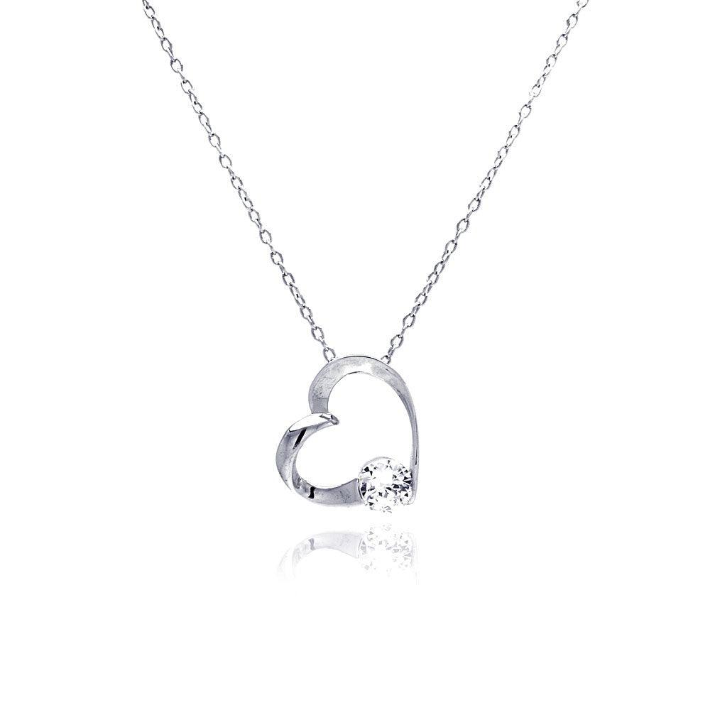 Silver 925 Clear CZ Rhodium Plated Heart Pendant Necklace - BGP00063