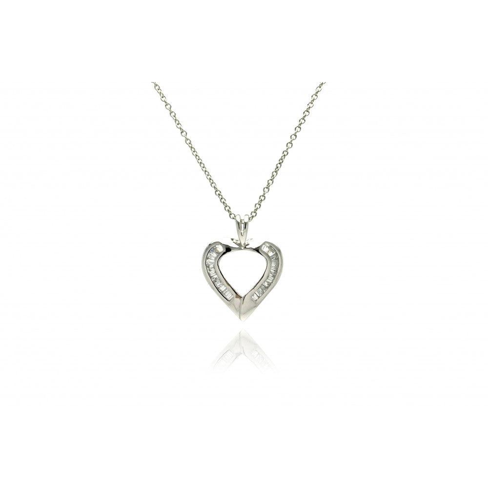 Silver 925 Clear Baguette CZ Rhodium Plated Heart Pendant Necklace - BGP00064