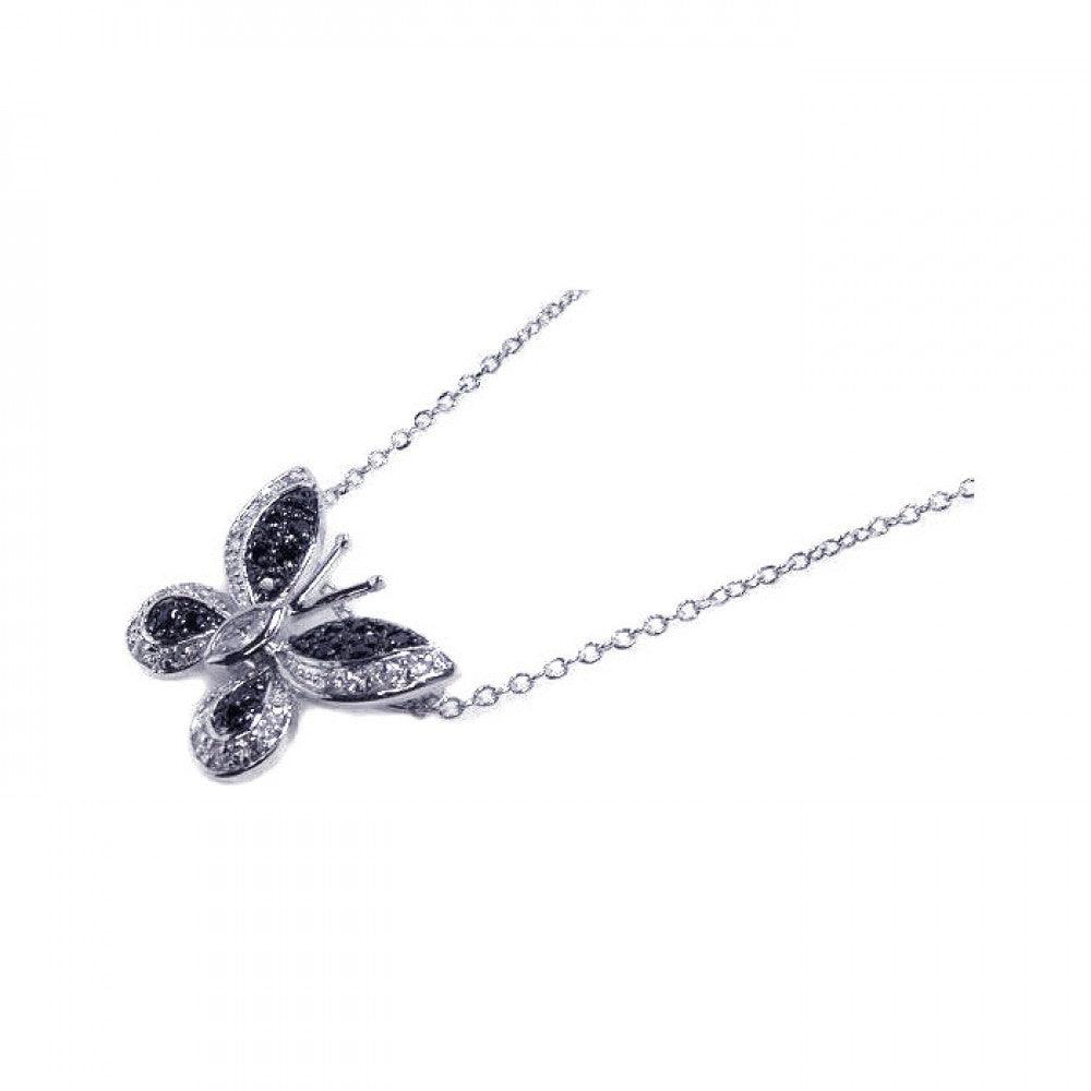 Silver 925 Black Clear CZ Rhodium Plated Butterfly Pendant Necklace - BGP00065