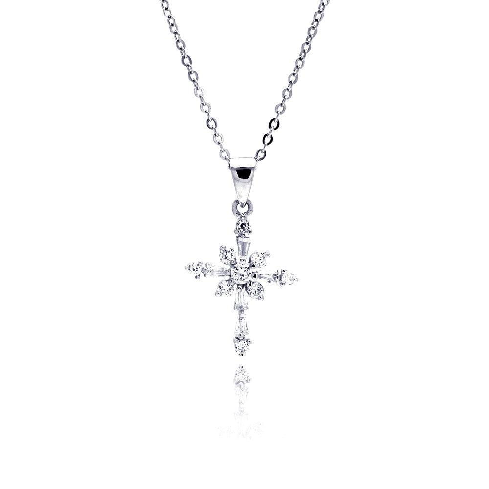 Silver 925 Clear CZ Rhodium Plated Cross Pendant Necklace - BGP00066