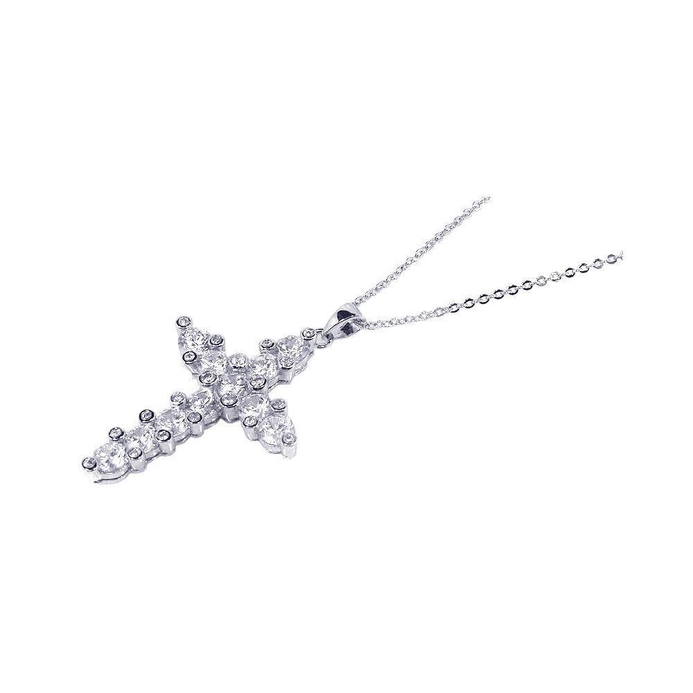 Silver 925 Clear CZ Rhodium Plated Cross Pendant Necklace - BGP00069