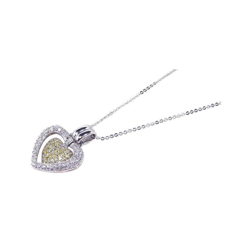 Silver 925 Clear Yellow CZ Rhodium Plated Double Heart Pendant Necklace - BGP00070