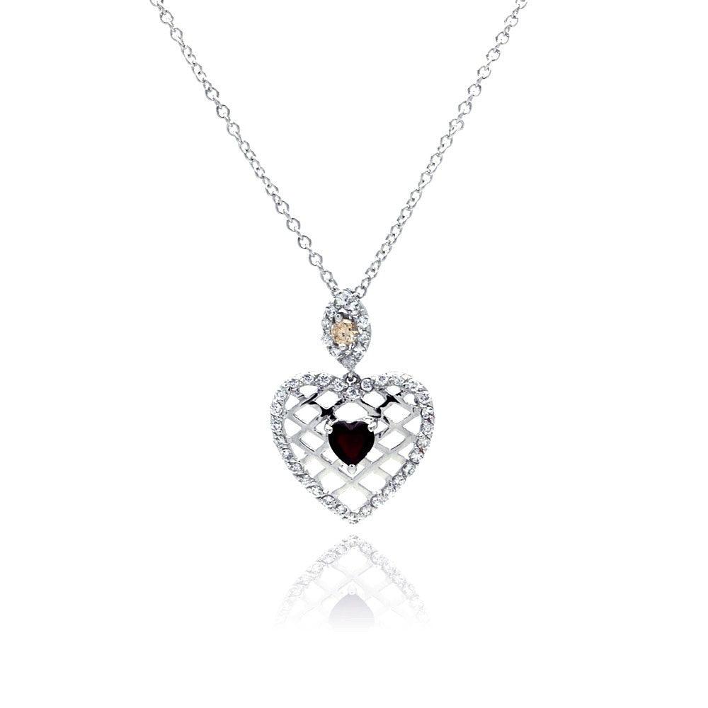 Silver 925 Red CZ Rhodium Plated Filigree Heart Pendant Necklace - BGP00072