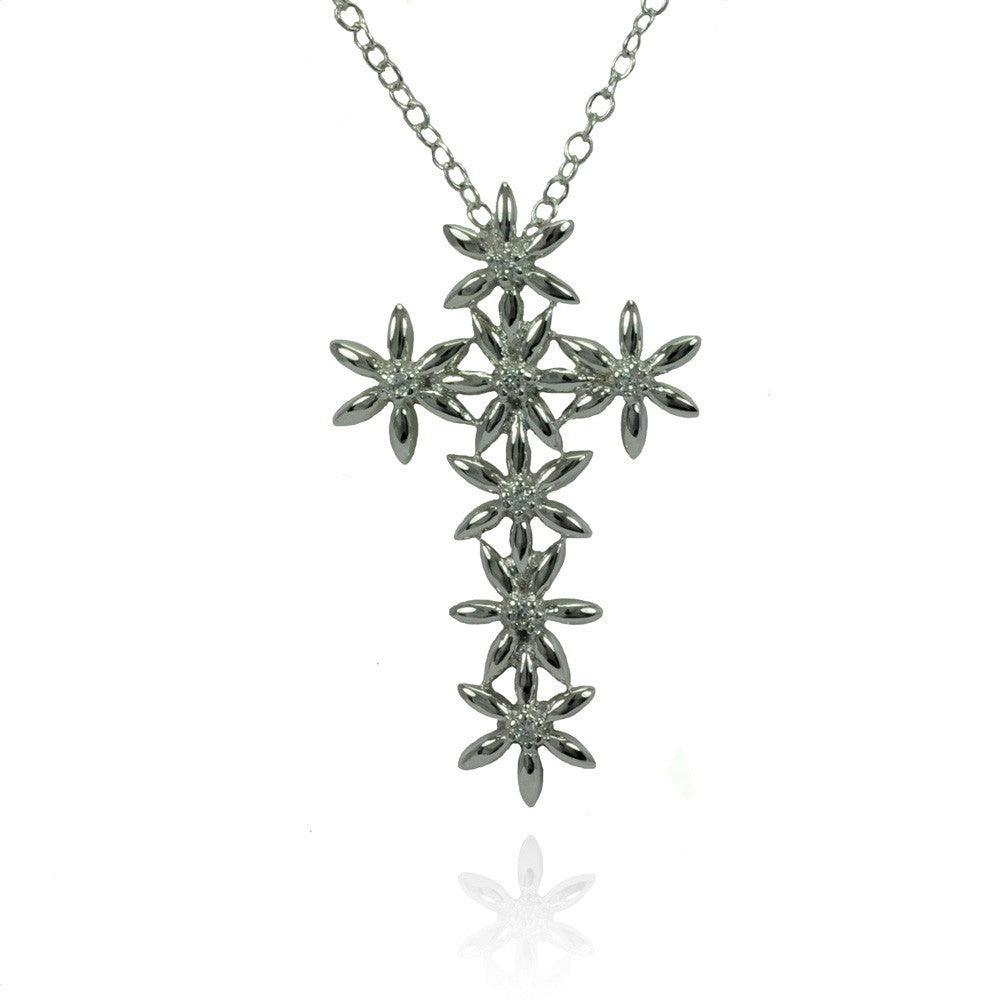 Silver 925 Rhodium Plated Flower Cross CZ Inlay Necklace - BGP00794