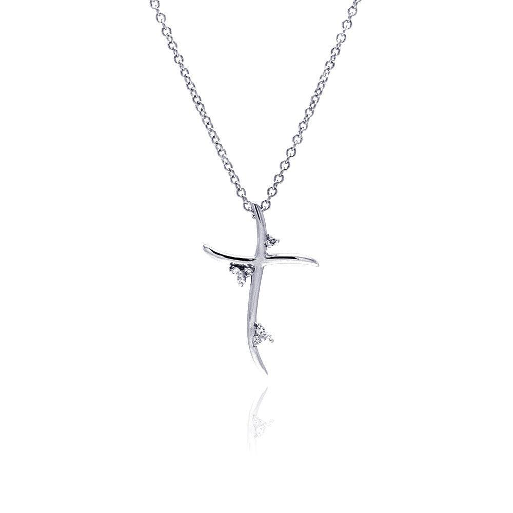 Silver 925 Clear CZ Rhodium Plated Cross Pendant Necklace - BGP00078