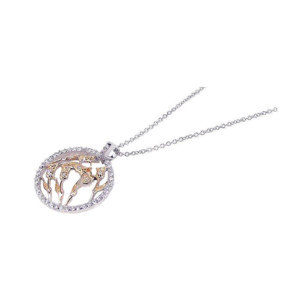 Silver 925 Yellow Clear CZ Rhodium Plated Flower Pendant Necklace - BGP00079