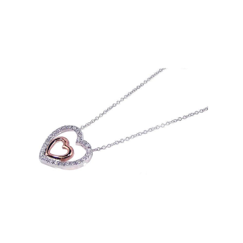 Silver 925 Clear CZ Rhodium and Rose Gold Plated Heart Pendant Necklace - BGP00087