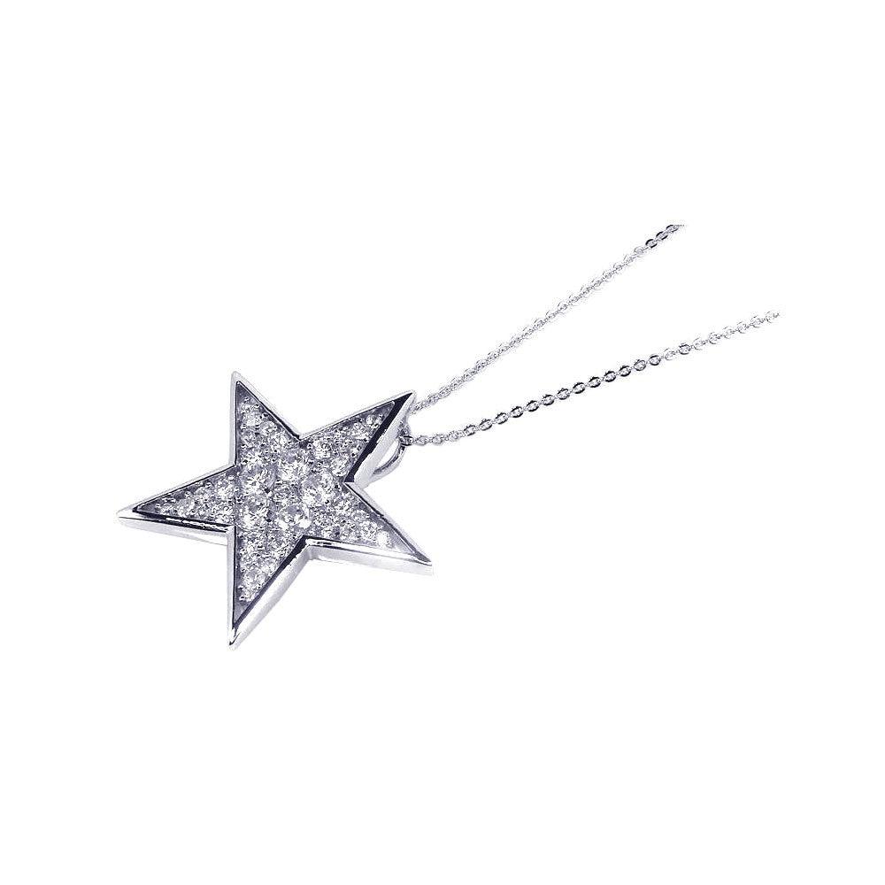 Closeout-Silver 925 Clear CZ Rhodium Plated Star Pendant Necklace - BGP00090