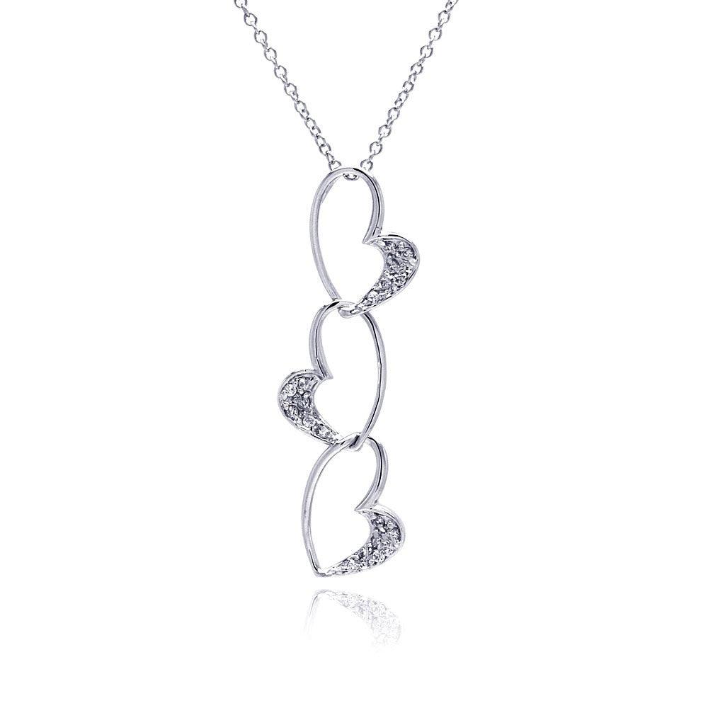 Silver 925 Clear CZ Rhodium Plated 3 Heart Pendant Necklace - BGP00093