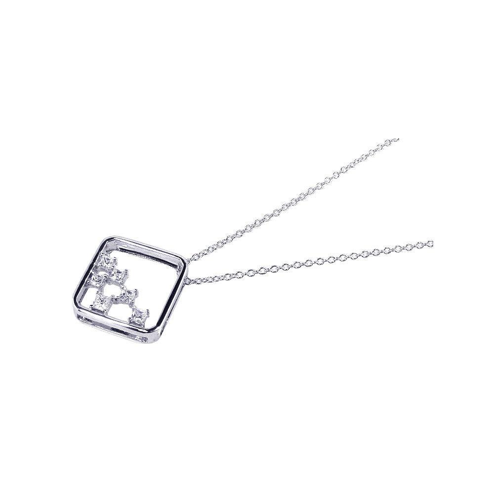 Silver 925 Clear CZ Rhodium Plated Square Pendant Necklace - BGP00099