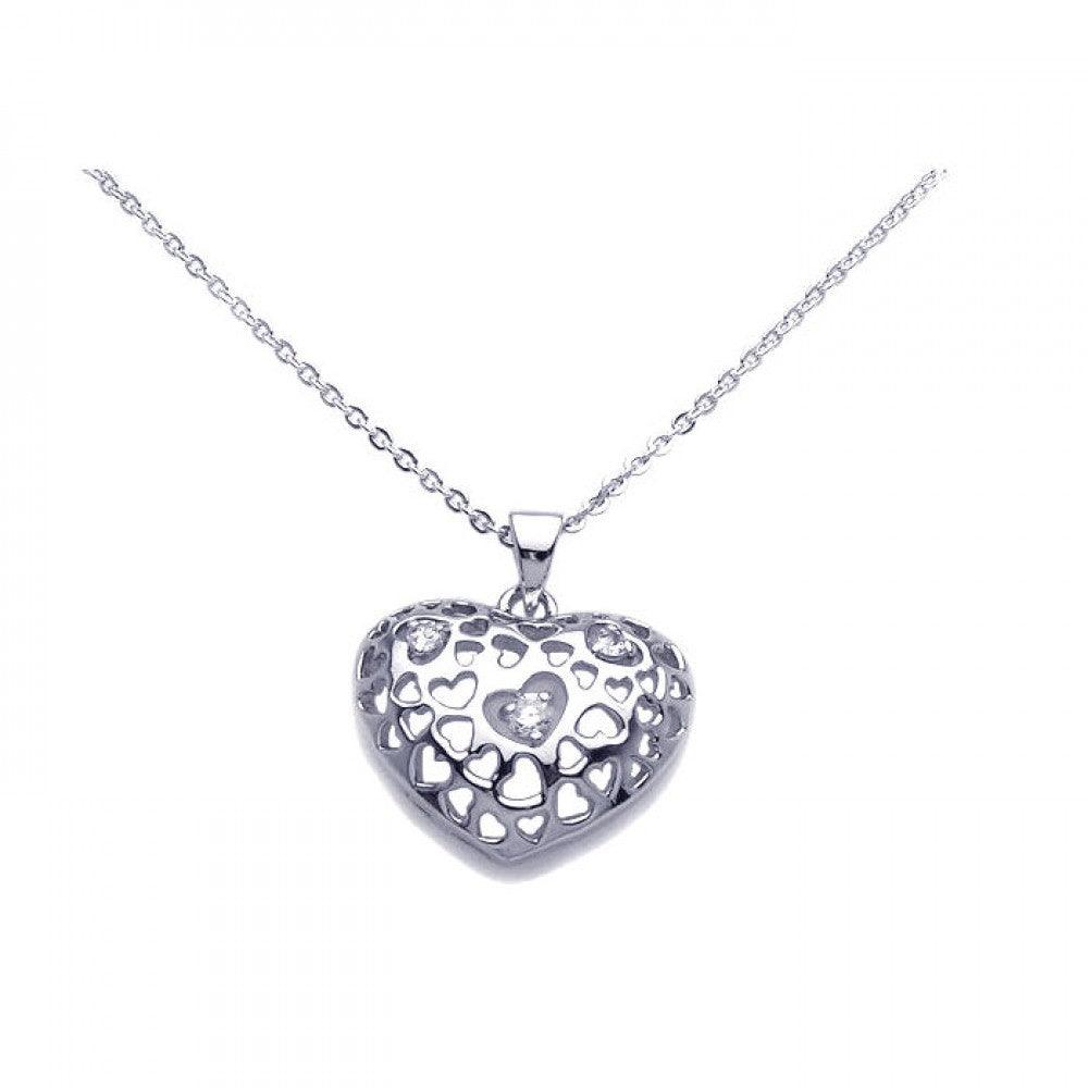 Silver 925 Clear CZ Rhodium Plated Heart Pendant Necklace - BGP00100