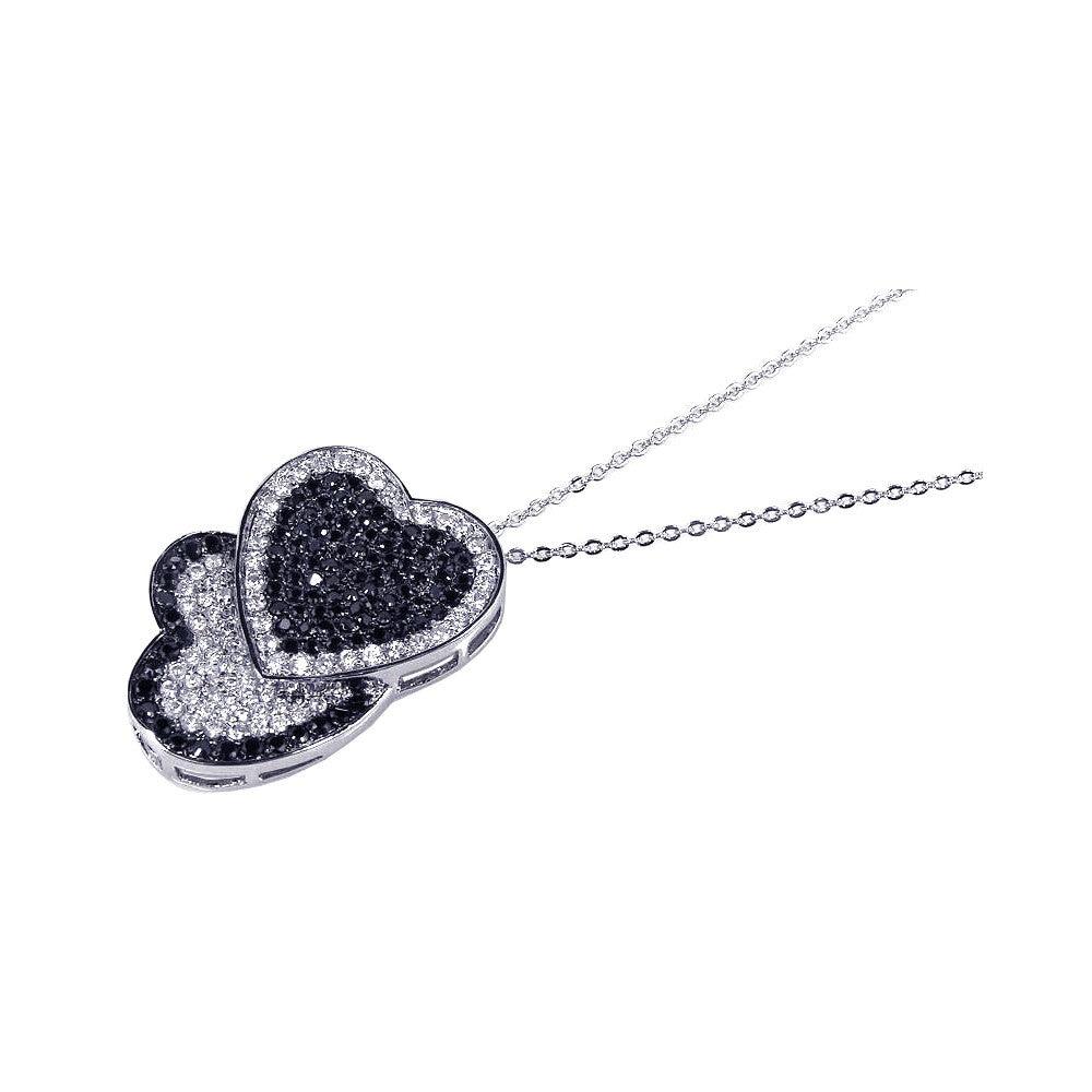 Closeout-Silver 925 Clear Black CZ Rhodium Plated Double Heart Pendant Necklace - BGP00101