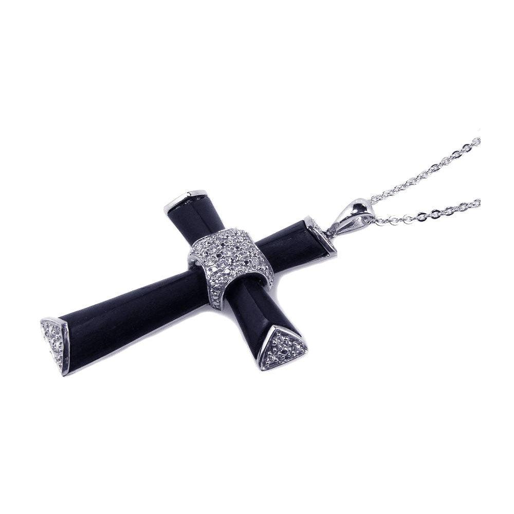 Closeout-Silver 925 Clear CZ Rhodium Plated Black Enamel Cross Pendant Necklace - BGP00103