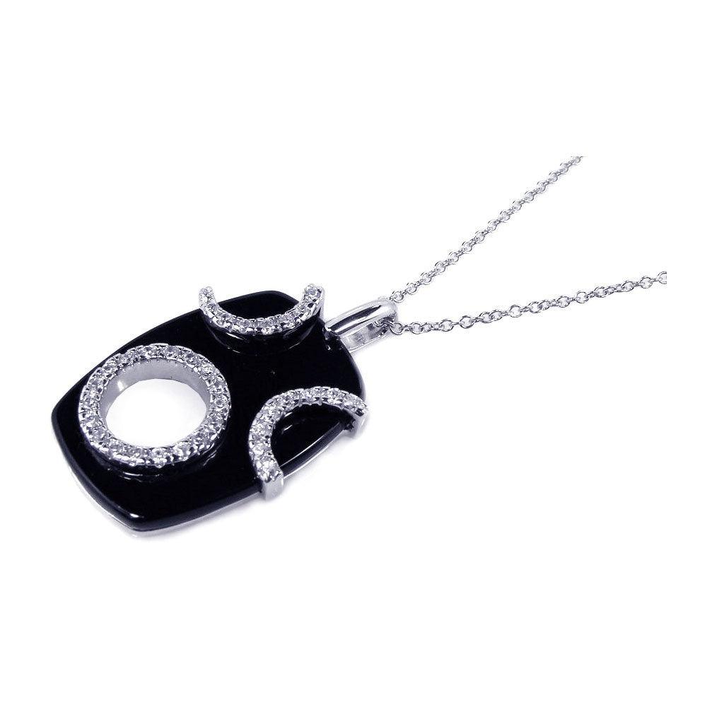 Silver 925 Clear CZ Rhodium Plated Black Onyx Octagon Pendant Necklace - BGP00107