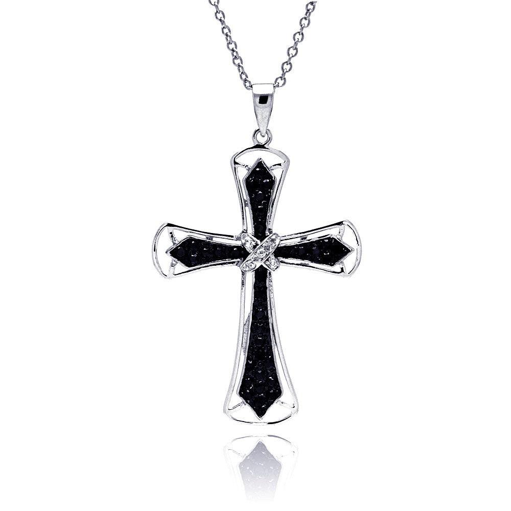 Silver 925 Black Clear CZ Rhodium Plated Cross Pendant Necklace - BGP00112