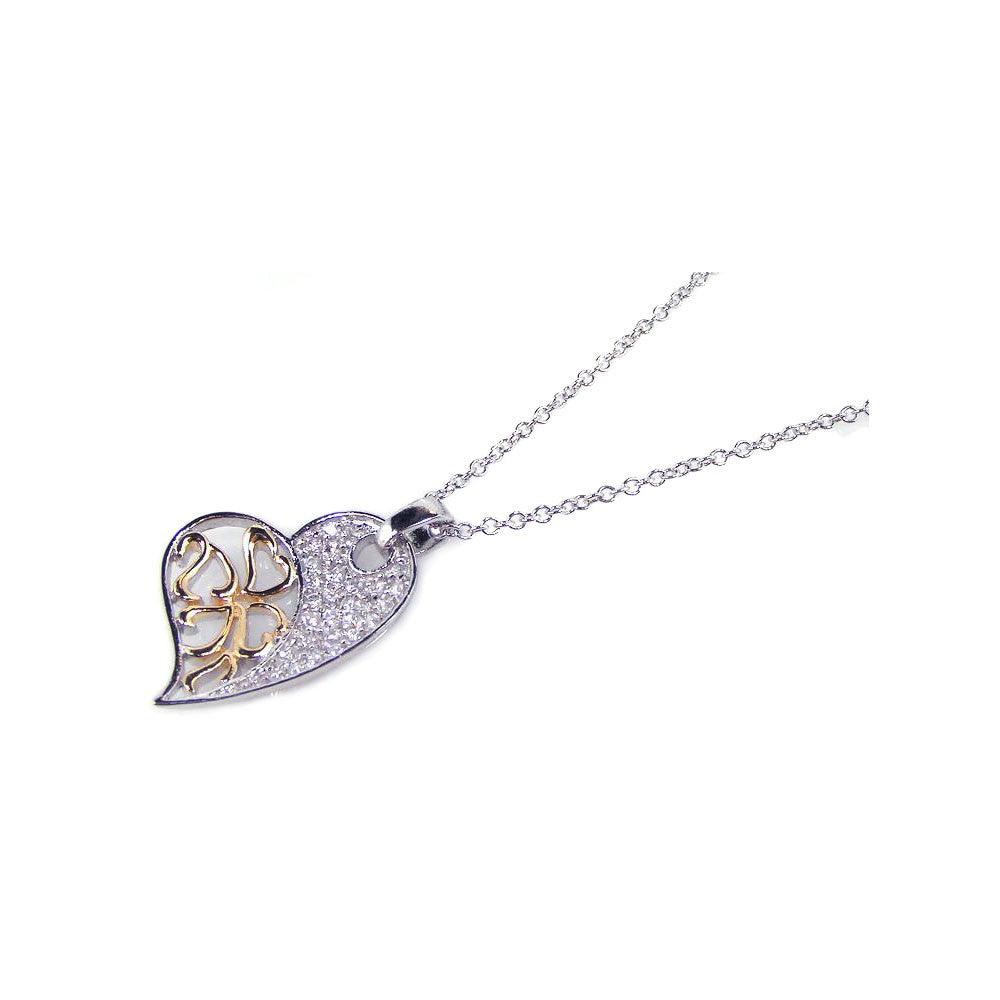 Silver 925 Clear CZ Gold Rhodium Plated Heart Pendant Necklace - BGP00116