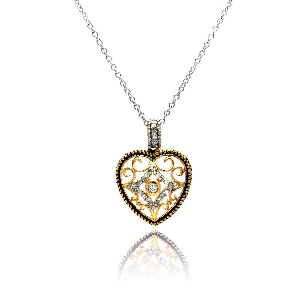 Silver 925 Clear CZ Gold Plated Heart Pendant Necklace - BGP00117