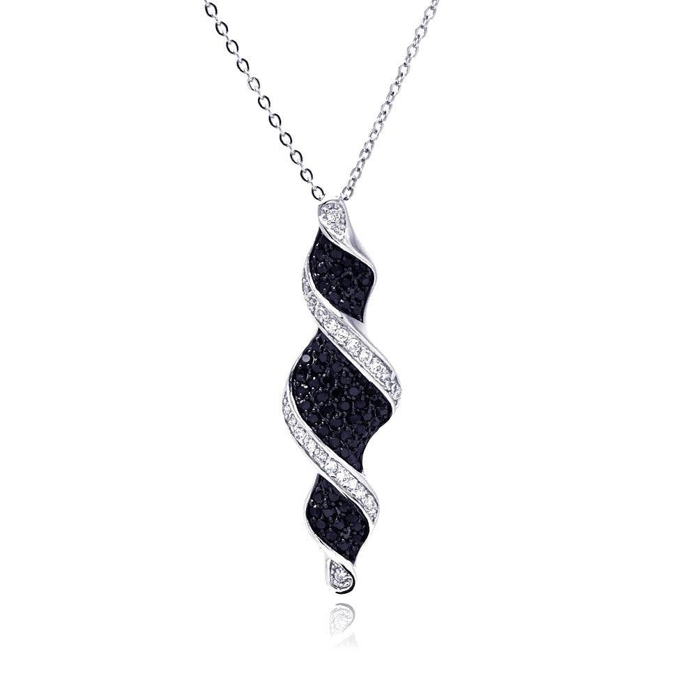 Closeout-Silver 925 Black and Clear CZ Black and Rhodium Plated Twist Drop Pendant Necklace - BGP00120