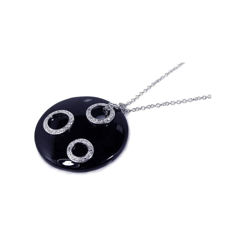 Silver 925 Clear CZ Black Onyx Rhodium Plated Circle Disc Pendant Necklace - BGP00122