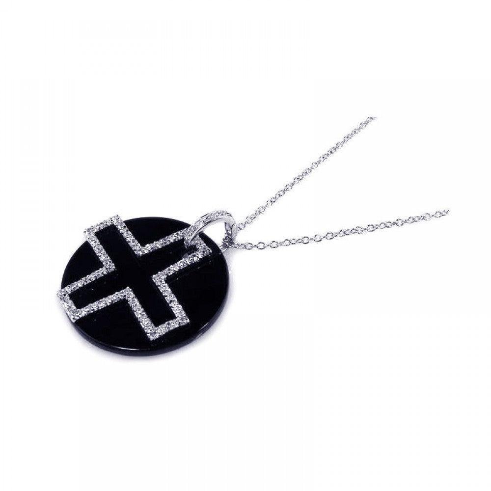 Closeout-Silver 925 Clear CZ and Onyx Rhodium Plated Cross Pendant Necklace - BGP00124