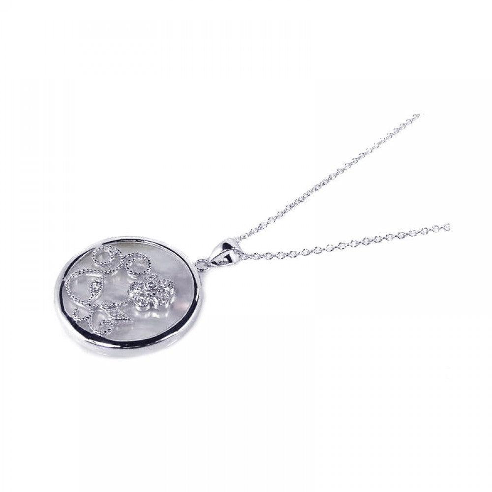 Closeout-Silver 925 Clear CZ Mother Pearl Rhodium Plated Round Circle Pendant Necklace - BGP00127