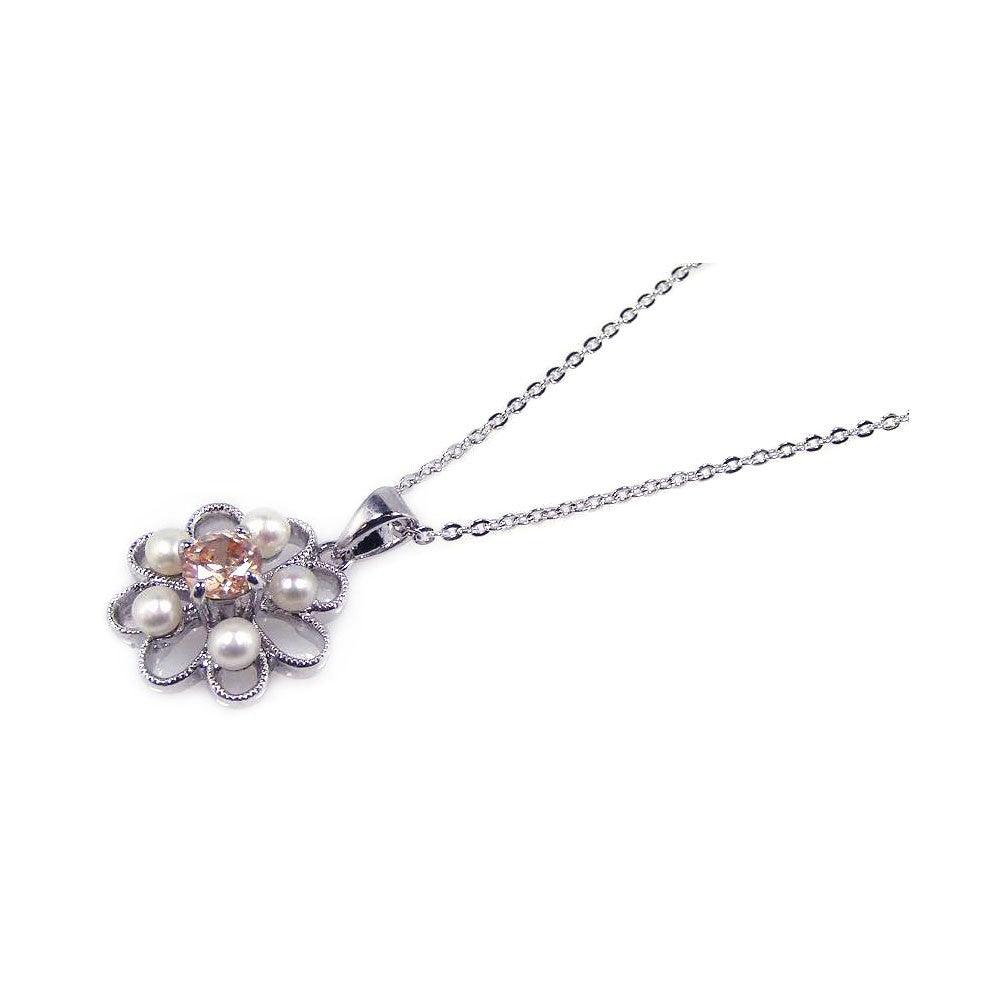 Closeout-Silver 925 Champagne CZ Rhodium Plated Flower Pendant Necklace - BGP00143