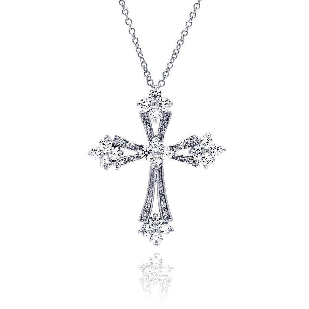 Silver 925 Clear CZ Rhodium Plated Cross Pendant Necklace - BGP00148