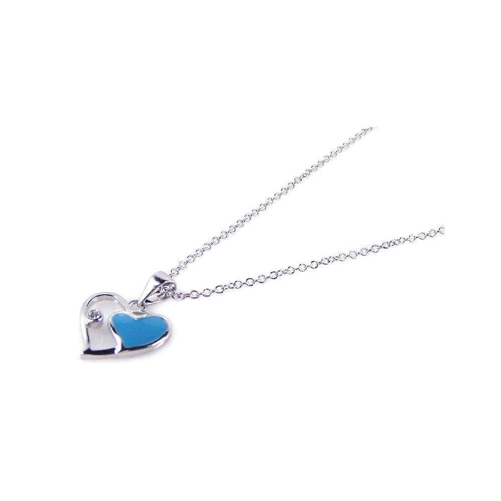 Silver 925 Rhodium Open Double Heart Blue Enamel Inlay Necklace - BGP00151