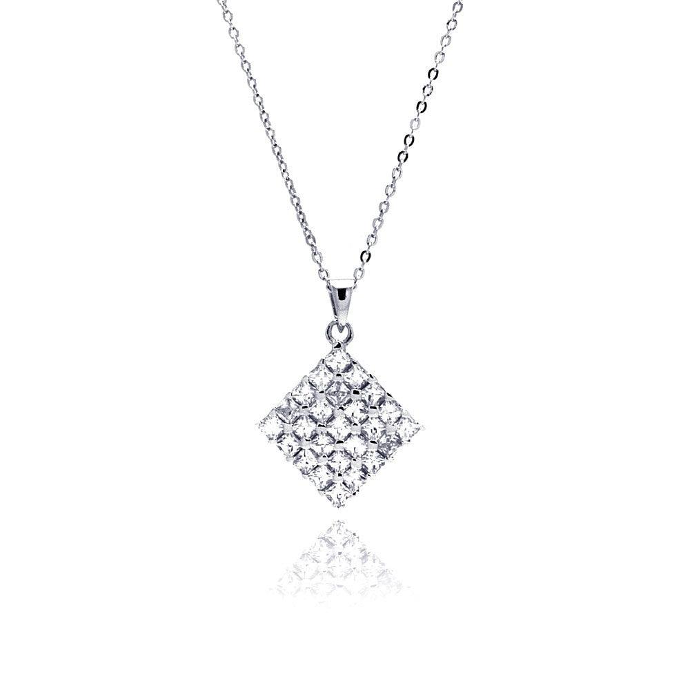 Closeout-Silver 925 Clear CZ Rhodium Plated Square Pendant Necklace - BGP00156