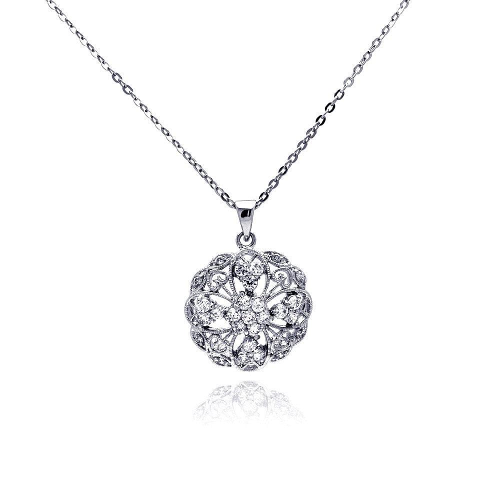 Closeout-Silver 925 Clear CZ Rhodium Plated Filigree Pendant Necklace - BGP00158