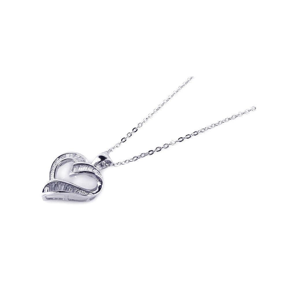 Silver 925 Clear CZ Rhodium Plated Heart Pendant Necklace - BGP00161