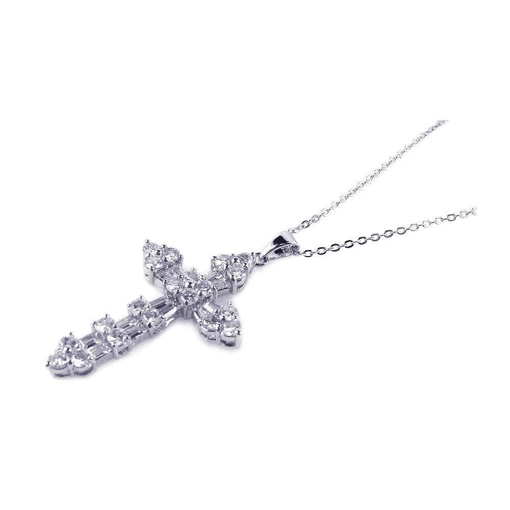 Silver 925 Clear CZ Rhodium Plated Cross Pendant Necklace - BGP00162