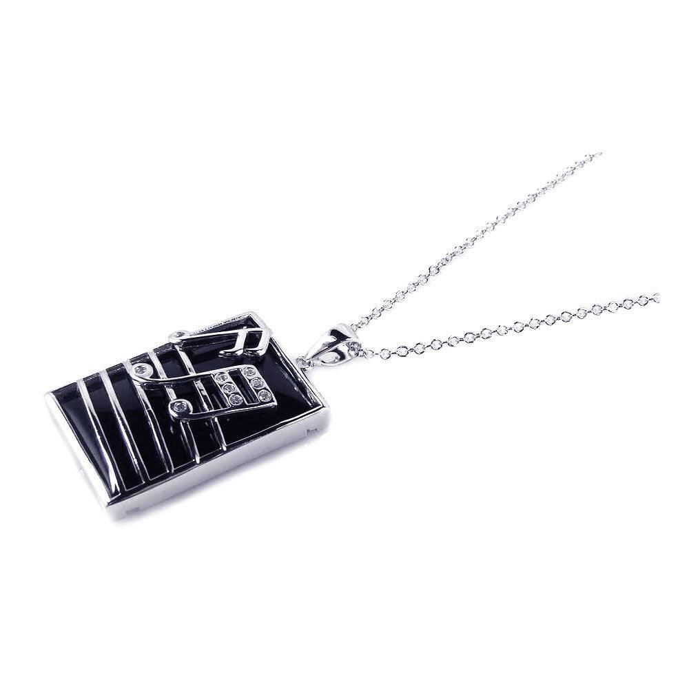 Closeout-Silver 925 Rhodium Plated Square Music Note Black Onyx CZ Dangling Necklace - BGP00167