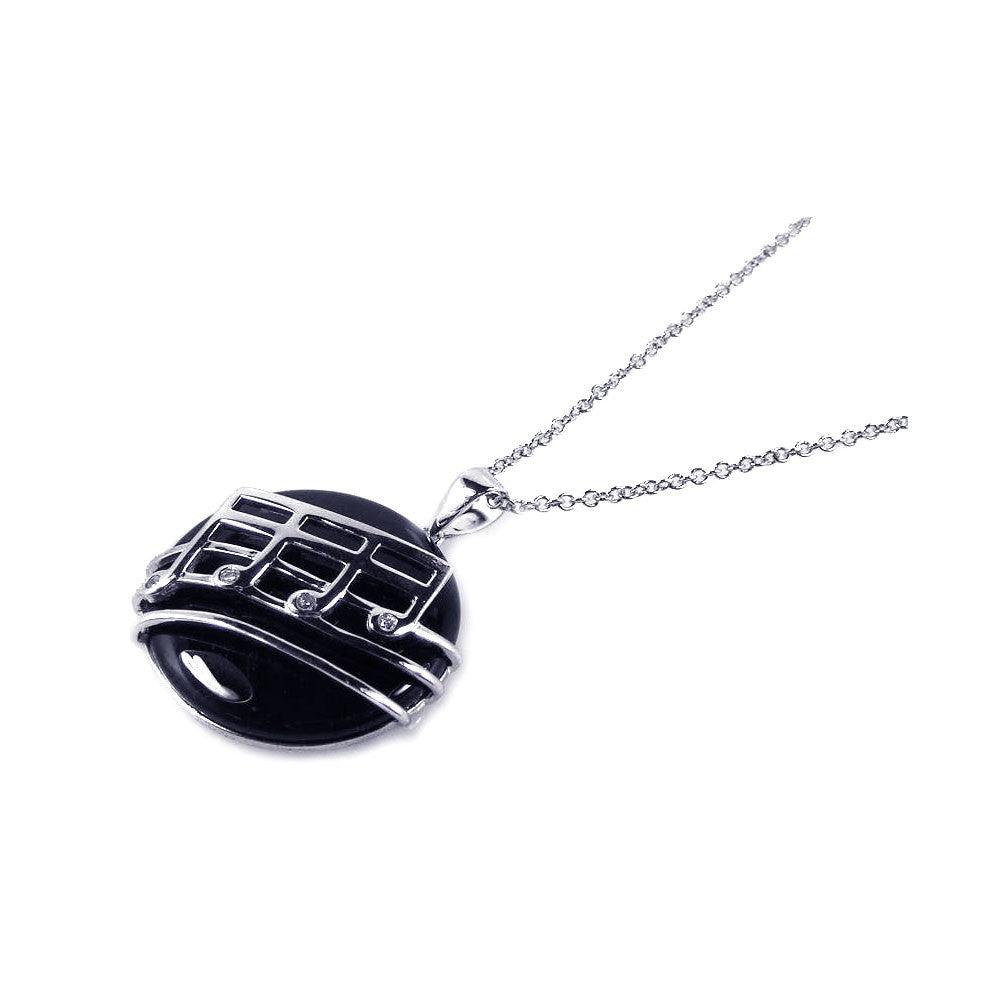 Closeout-Silver 925 Rhodium Plated Black Onyx Round Music Note Dangling Necklace - BGP00168