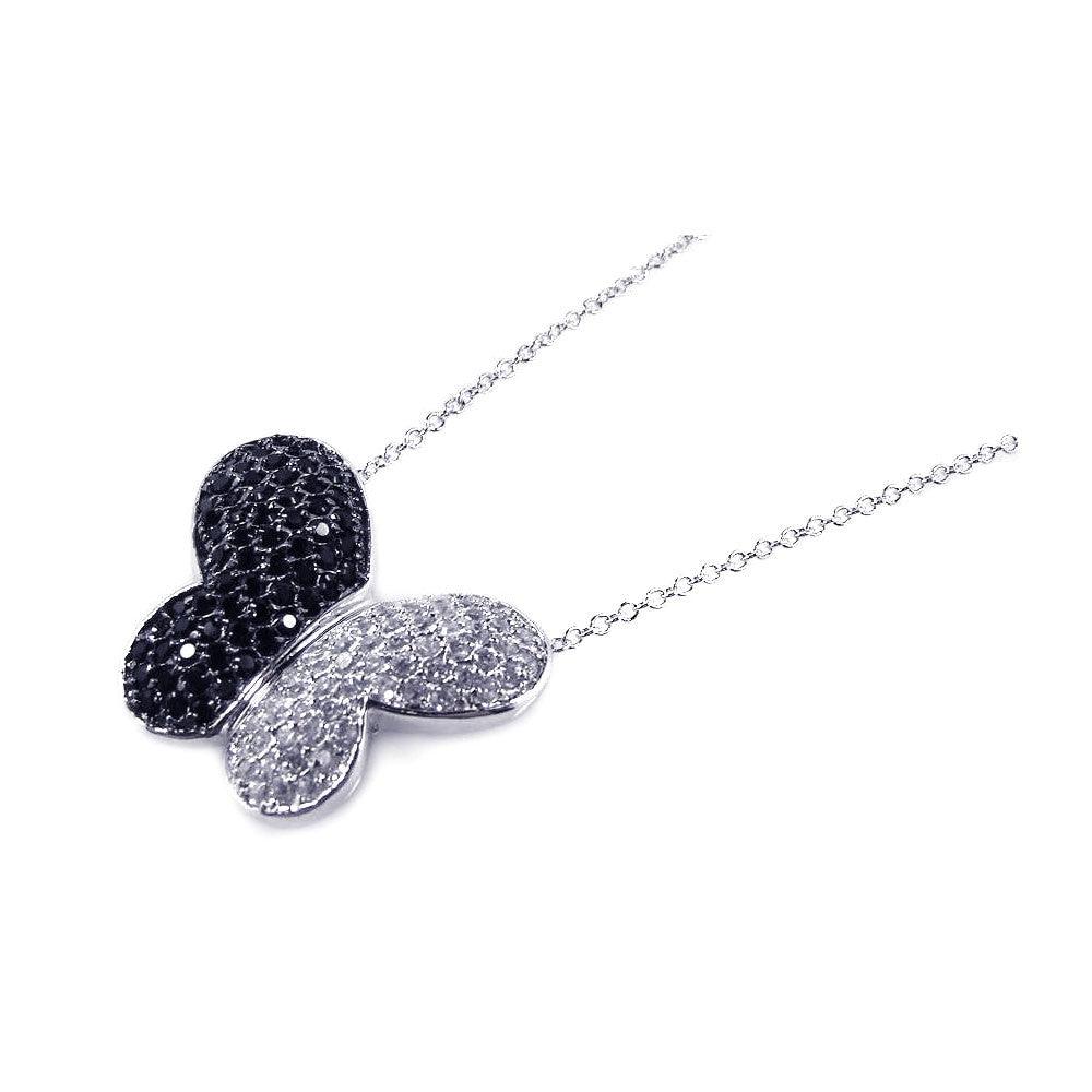 Closeout-Silver 925 Black and Rhodium Plated Butterfly CZ Necklace - BGP00169