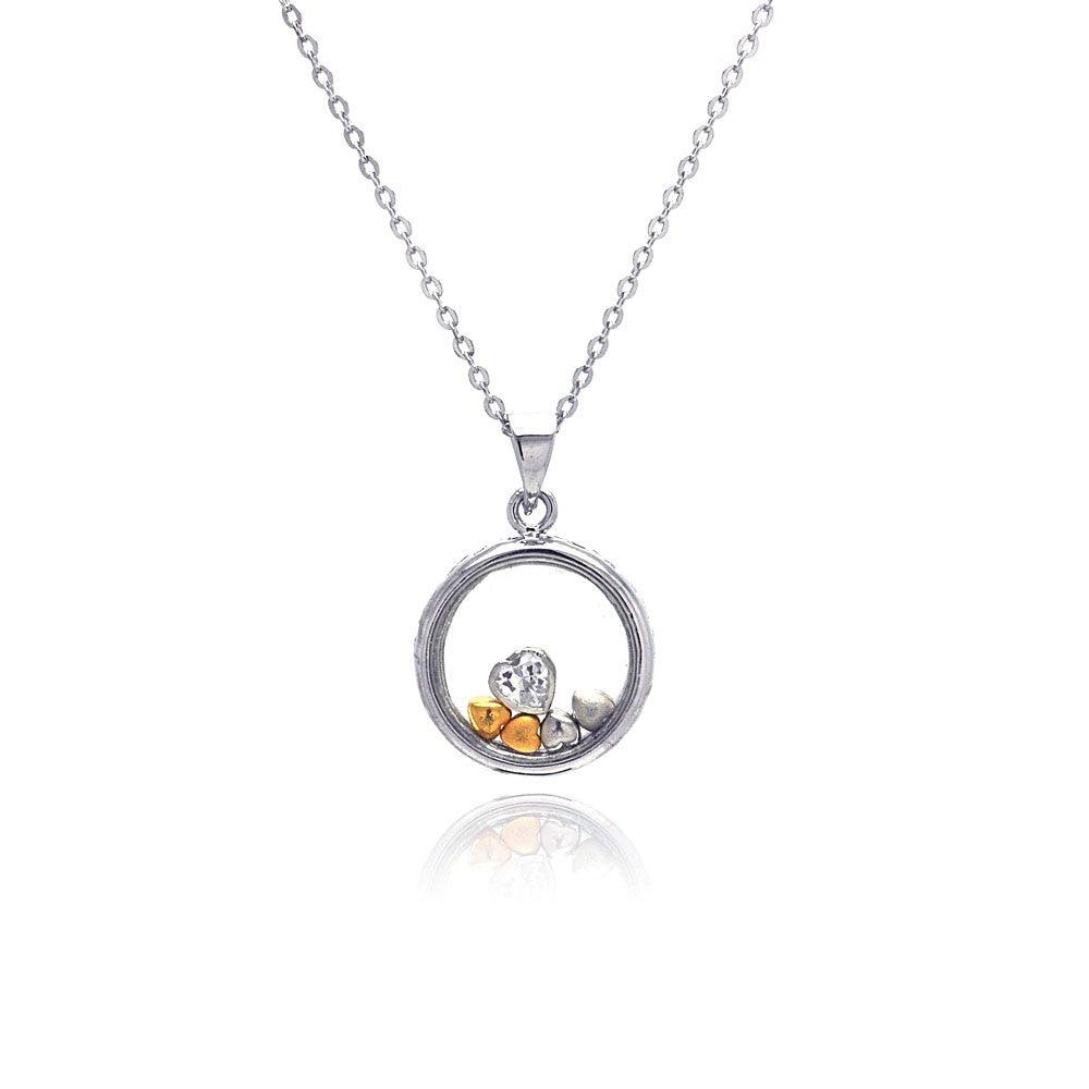 Silver 925 Gold and Rhodium Plated Graduated Multicolor Heart CZ Open Circle Necklace - BGP00172