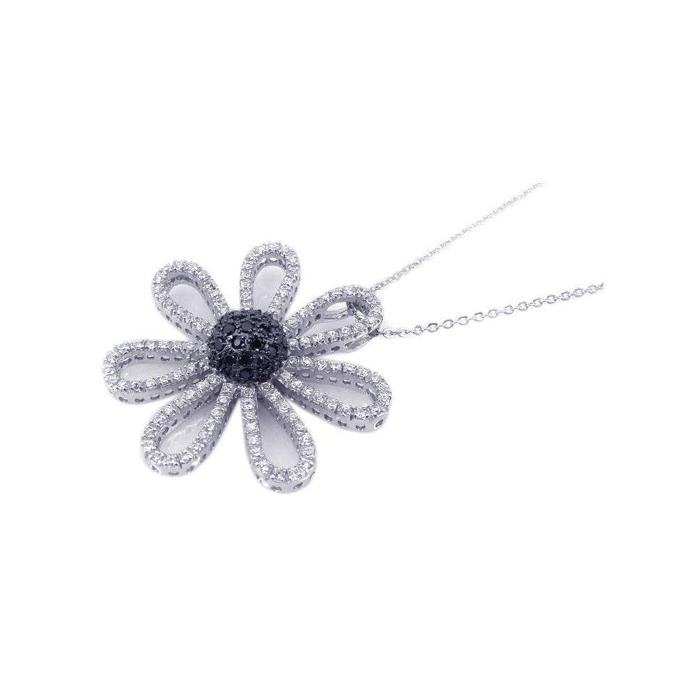 Closeout-Silver 925 Black and Rhodium Plated Flower CZ Necklace - BGP00173